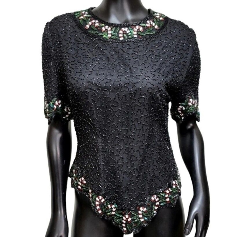 Vintage 80s Laurence Kazar PXL Silk Beaded Sequin Black Red Candy Cane Christmas